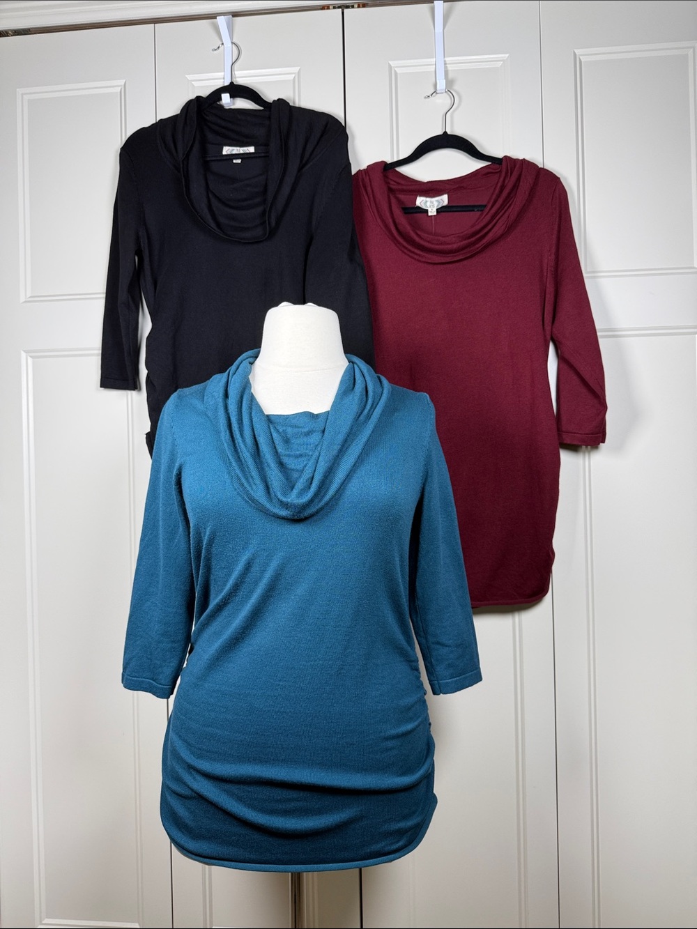 Pink Rose Trio of Cowl Neck Ruched Sweaters - Teal, Black & Burgundy XL